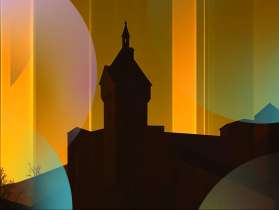 Rheinlich Festival The Munot is illustrated in black. Behind it is an illuminated background in yellow and orange colors.