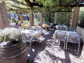 Inner courtyard Wirtschaft zum Frieden The inner courtyard is covered in white. A pavilion covered with greenery provides shade.