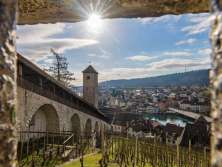 A view in February from the Munot in Schaffhausen, looking out over Feuerthalen, the vineyard at the Munot, the Rhine, and the ramparts. Blue skies and bright sunshine.
