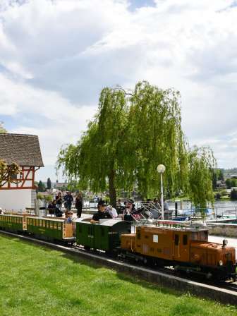 People ride a miniature train through a park on the Rhine.