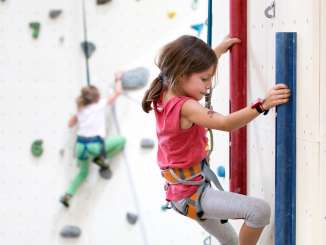 Aranea Climbing A girl climbs with a climbing harness on a climbing wall.