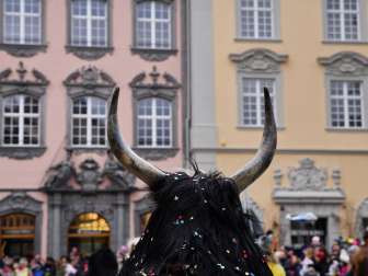 A headdress with two horns and black fur is seen from behind. Confetti is stuck in the fur.