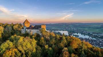 View of Hohenklingen Castle with the town Stein am Rhein the Rhine in the background.