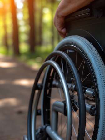 A wheelchair user is walking along a forest path. The sun shines golden in the trees.