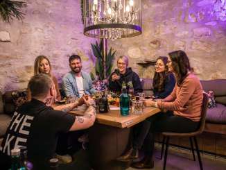 A group sits at a wooden table. On it is an aperitif platter and various gin bottles for tasting.