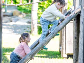 Two girls climb up a wooden ladder on a playground.