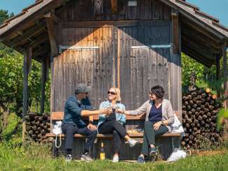 Three people are sitting on a wooden bench in front of a small vineyard house among the vines. They are toasting with a glass of white wine.