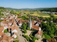 Aerial view of the village of Thayngen. In the center is a church.