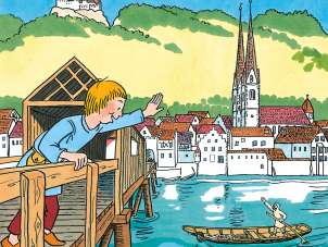 A drawing of a boy standing on a wooden bridge. He is waving to a weidling driver. The old town of Stein and Hohenklingen Castle can be seen in the background.