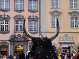 A headdress with two horns and black fur is seen from behind. Confetti is stuck in the fur.