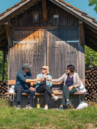 Three people are sitting on a wooden bench in front of a small vineyard house among the vines. They are toasting with a glass of white wine.