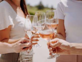 Räbhüslifest Hallau Four people toast with a glass of wine. There are two white wines and two rosés.