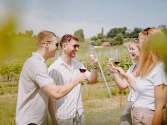 Räbhüüslifest Hallau A group of friends is standing in the vineyard. They toast with wine.