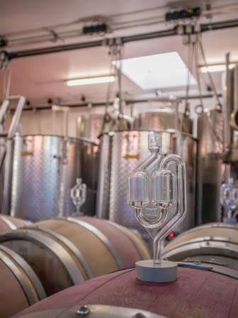 A fermentation bung is stuck in a wooden barrel. There are several steel vats in the background.