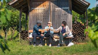 Three people are sitting on a wooden bench in front of a small vineyard house among the vines. They are toasting with a glass of white wine.