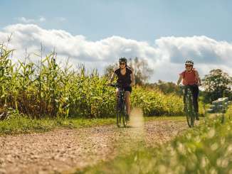 Two friends are riding their e-bikes along a gravel path through a cornfield.