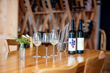 On a wooden table are grisini, a bottle of red wine and a bottle of white wine as well as two glasses of white wine and a glass of red wine.