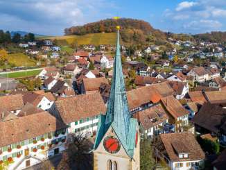 Aerial view of Thayngen Aerial view of Thayngen in the fall with the church tower and view over the village.