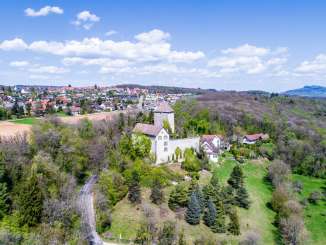 A view from above of Herblingen Castle and the village of Stetten behind it. The castle is surrounded by forest.