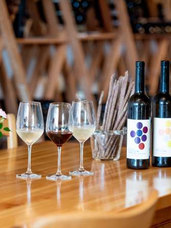 On a wooden table are grisini, a bottle of red wine and a bottle of white wine as well as two glasses of white wine and a glass of red wine.