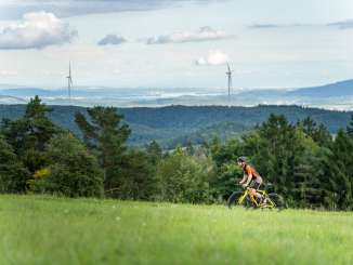 A man is riding his yellow gravel bike along a dirt road. In the background, there is a sweeping view of forests, wind turbines, and a lake.