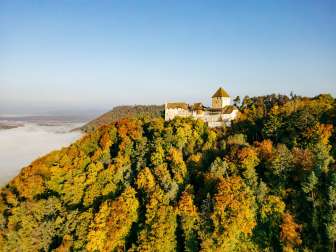 View of Hohenklingen Castle in Stein am Rhein. It is surrounded by a forest ablaze with autumn colors.