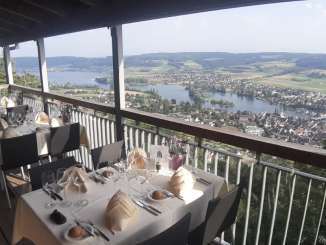 Hohenklingen Castle terrace The restaurant terrace at Hohenklingen Castle offers a view of Stein am Rhein and Untersee while you dine.