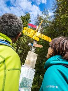 Hiking in the Schaffhausen Regional Nature Park Two hikers look at a hiking signpost.