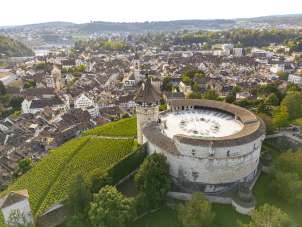 View from above of the round fortress and the vineyard slope. Behind the fortress you can see the old town of Schaffhausen.