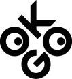 OK:GO logo. In black letters it says OKGO in capital letters. There is a black dot in the two Os. This makes the Os look like eyes.