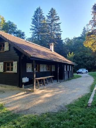 A wooden hut stands in a meadow surrounded by forest.