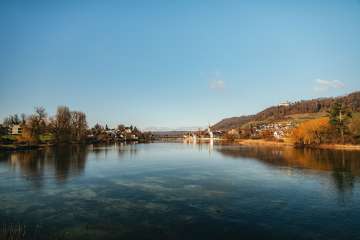 View from Untersee to the medieval town of Stein am Rhein and Hohenklingen Castle on the hill.