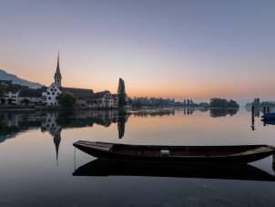 Rhine with Weidling and Stein am Rhein in the background during sunset