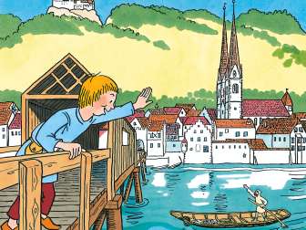 A drawing of a boy standing on a wooden bridge. He is waving to a weidling driver. The old town of Stein and Hohenklingen Castle can be seen in the background.