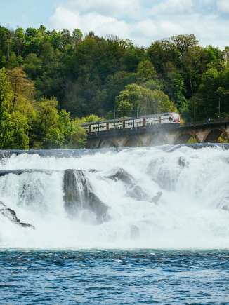 A train is crossing a bridge. The Rhine Falls are in the foreground.