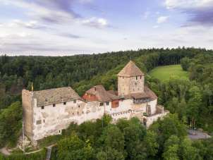 View from above of Hohenklingen Castle, which is surrounded by forest.