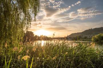 Blick vom Rhein aus auf die Altstadt Stein am Rhein mit Burg Hohenklingen. Es ist Abendlicht.