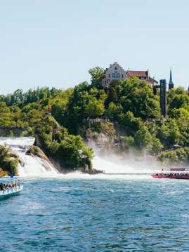 A blue and a pink boat cruise in the Rhine Falls basin, in front of Europe's largest waterfall.