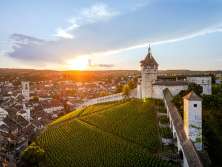 View of the Munot round fortress with vines. Behind it you can see the old town of Schaffhausen. The sun sets behind the hill.