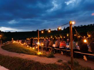 Personen sitzen an einem langen Tisch in den reben. Es ist dunkel und Lichterketten machen ein gemütliches Licht.