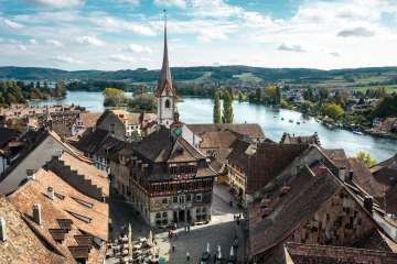 View from above of the town hall square in Stein am Rhein. The Rhine and Untersee can be seen in the background.