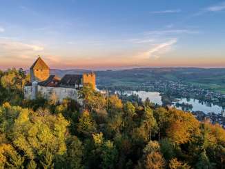 View of Hohenklingen Castle with the town Stein am Rhein the Rhine in the background.
