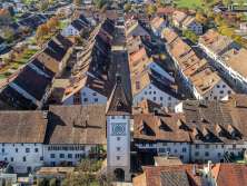 Aerial view of the small town of Neukirch. The town complex has a rectangular shape.